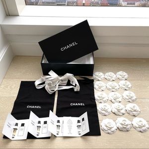 Authentic CHANEL flowers shoe box perfume samples dust bag NEW
